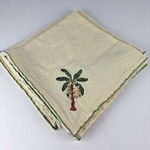Cotton Napkins Set of‎ 4 Beige Green Embroidered Palm Tree Tropical Design 17x17